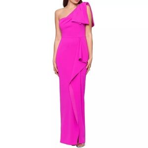 Betsy & Adam NWT One-Shoulder-Bow Scuba Crepe Gown. Fushia Pink, Size 6.